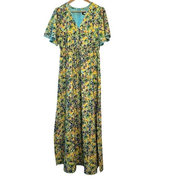 NWT Alexia Admor Maxi Slit Dress Flutter Sleeve Yellow Teal Floral Women's Sz 6 - Picture 2 of 12